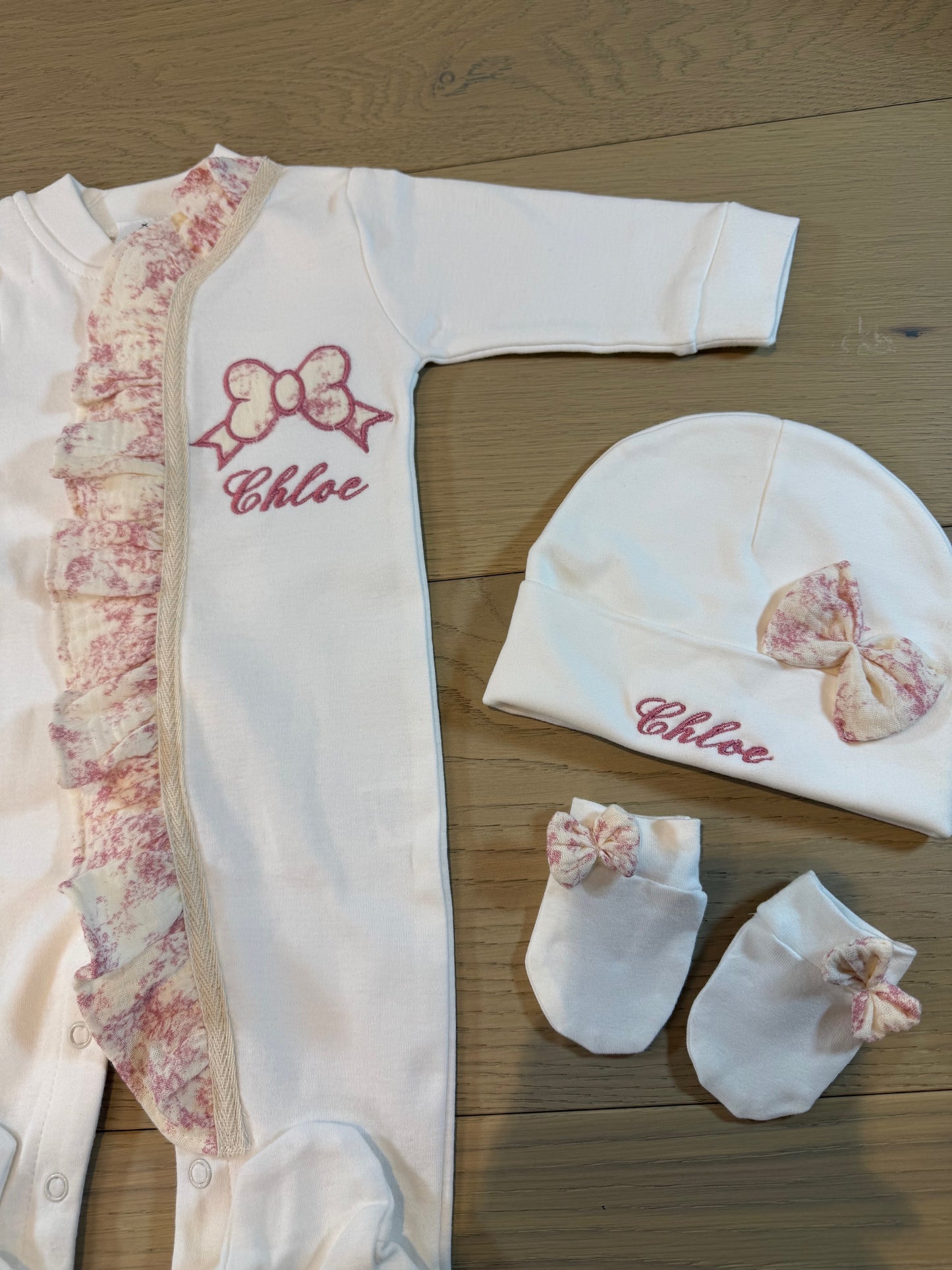 Raspberry personalized Baby Toile Romper Set