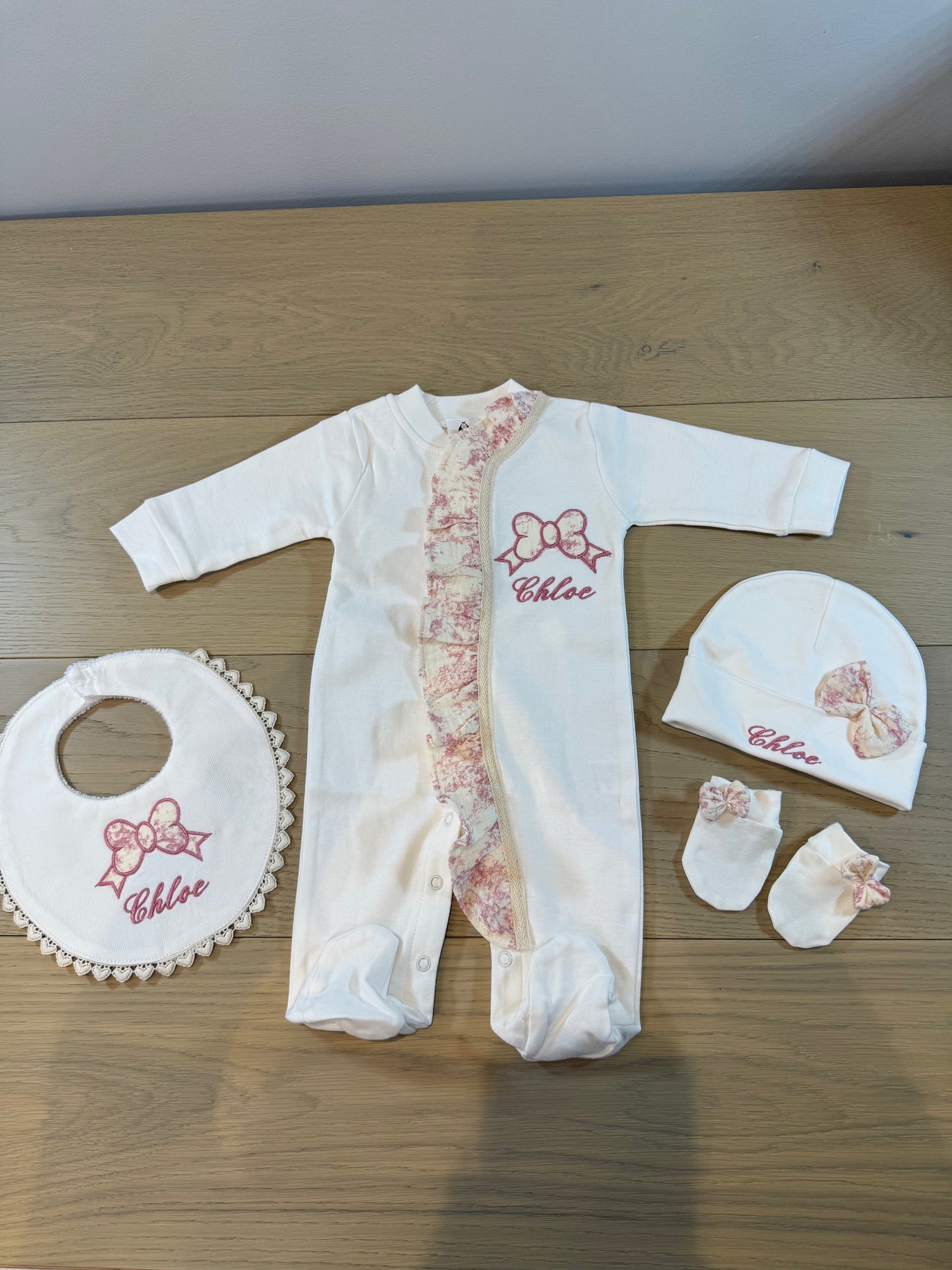 Raspberry personalized Baby Toile Romper Set